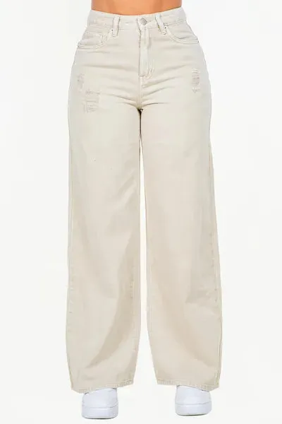 Beige High Waist Distressed Wide Leg Jeans