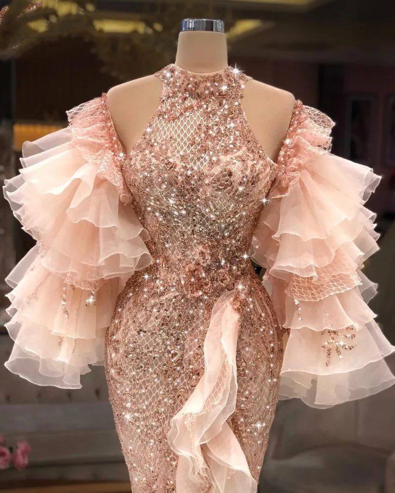 Elegant Pink Split Mermaid Evening Dress with Ruffles