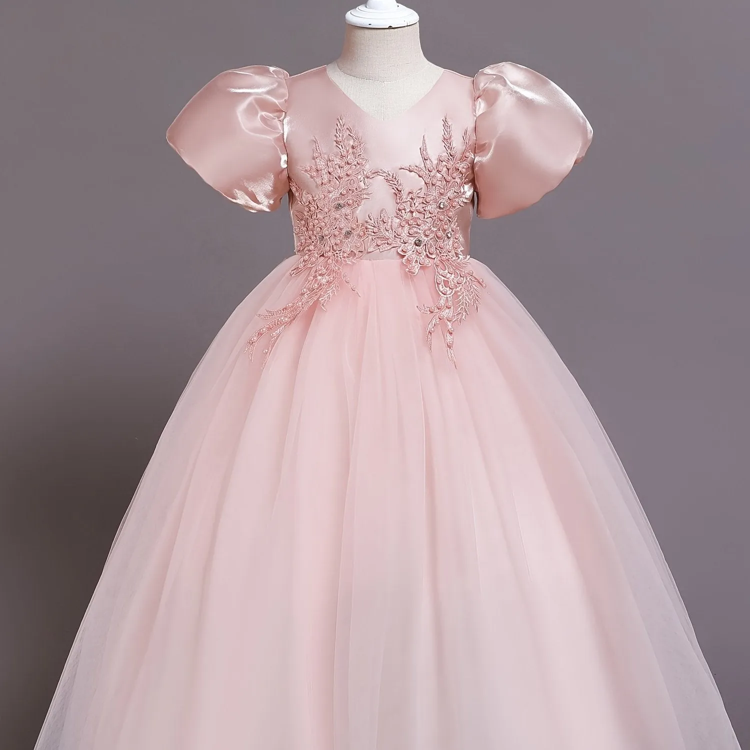 Elegant V-neck Puff Sleeve Embroidered Princess Dress