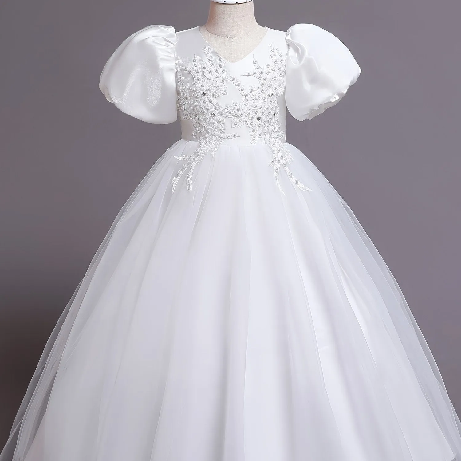 Elegant V-neck Puff Sleeve Embroidered Princess Dress