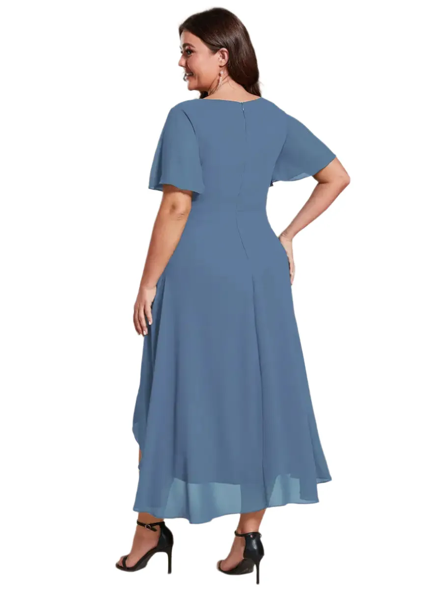 Evening Dress with Ruffled Sleeves, Pleated V-Neck, Midi Length, A-Line Chiffon.