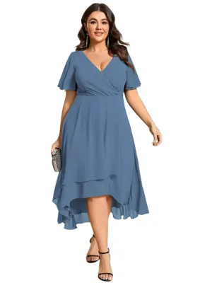 Evening Dress with Ruffled Sleeves, Pleated V-Neck, Midi Length, A-Line Chiffon.