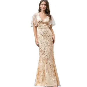 Ever Pretty Gold Shimmery Leaf Embroidered VNeck RuffleSleeves Maxi Dress NWT 2X