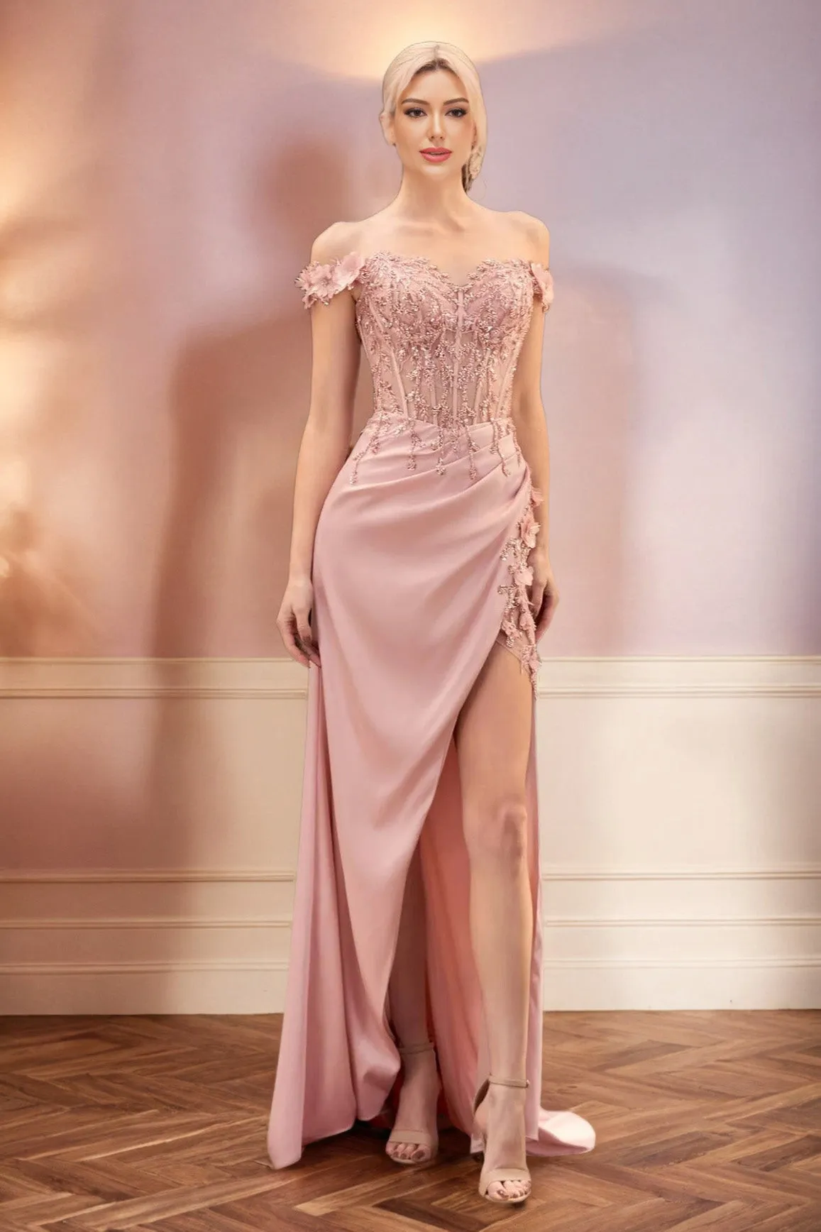 Exquisite Sweetheart Off The Shoulder Stretch Satin Prom Dress with Flower Appliques