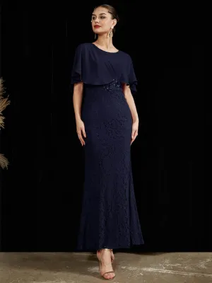 [Final Sale] Navy Blue Ruffle Shawl Sleeveless Boat Mermaid Lace Maxi Mother Dress
