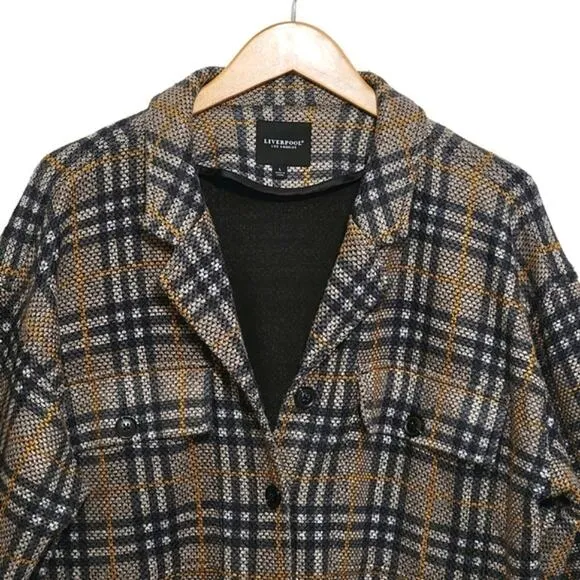 Liverpool Plaid Button Down Long Sleeve Black Tan Shacket Jacket Size L