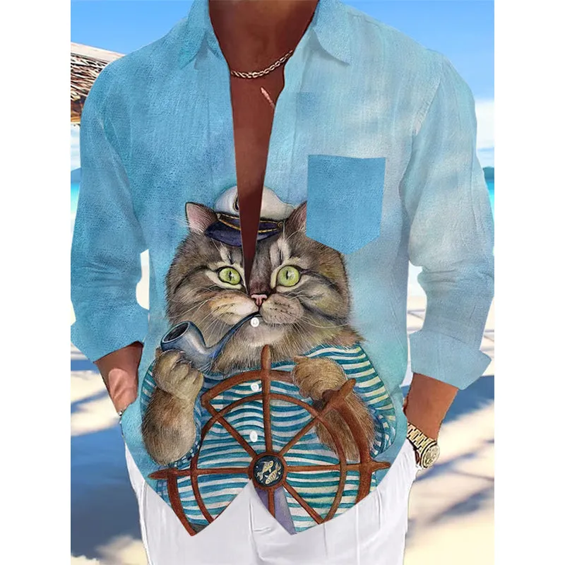 Men's Nautical Design Printed Long Sleeve Shirt