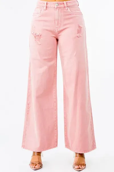 Pink High Waist Distressed Wide Leg Jeans