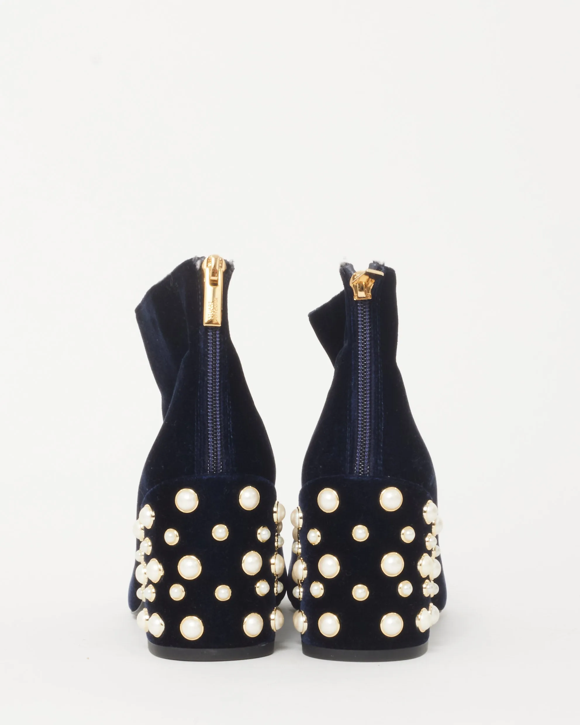 Stuart Weitzman Blue Velvet & Pearl Block Heel Booties - 8.5