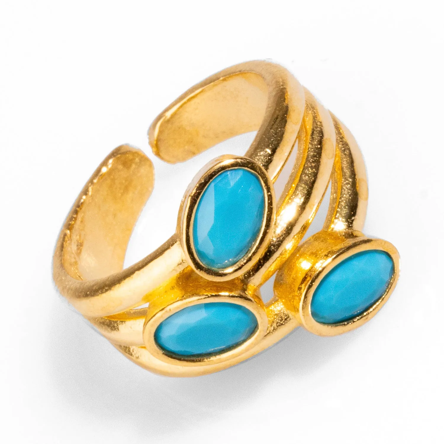 Trio Turquoise Gemstone & Gold Stylish Adjustable Cocktail Ring