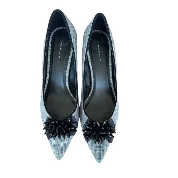 Zara Womens Beaded Flower Plaid Slip On Pointed Toe Kitten Heel Pump Size 41